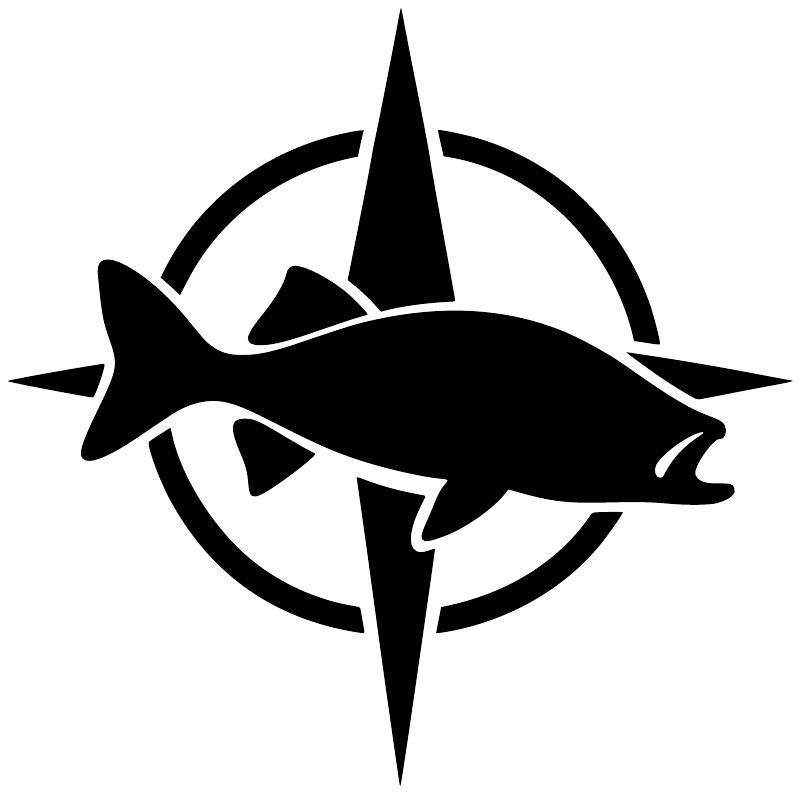 Fishing open-water compass vinyl decal, black fish with compass circle and arrows