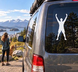 Fitness morning stretch vinyl decal: white stretch pose silhouette on car window.