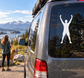 Fitness morning stretch vinyl decal: white stretch pose silhouette on car window.