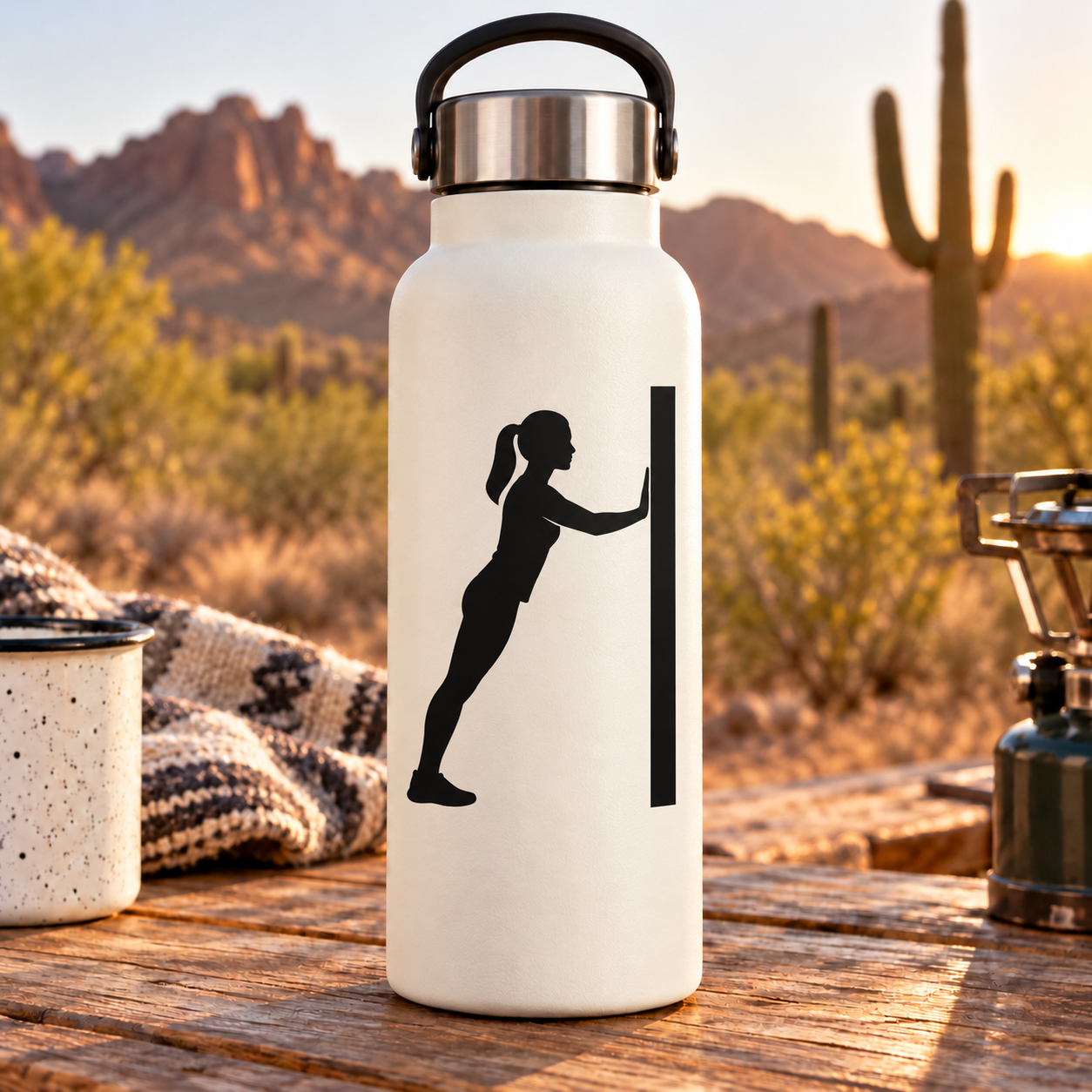 Fitness push wall vinyl decal: female push silhouette with vertical bar