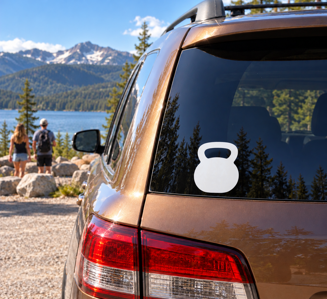 White kettlebell curve vinyl decal on car rear window glass