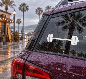 Vinyl barbell balance decal on car rear window, white barbell with weight plates