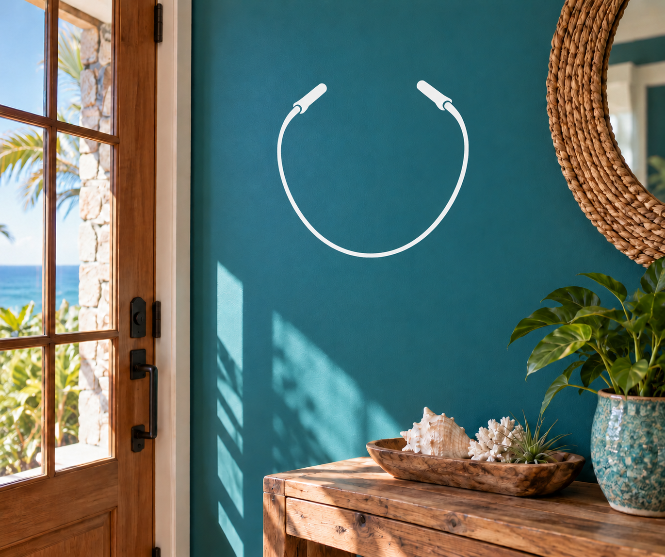 Vinyl jump rope loop decal with white outline and handle ends on a wall