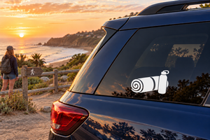 Vinyl decal showing rolled fitness mat and bottle on car glass