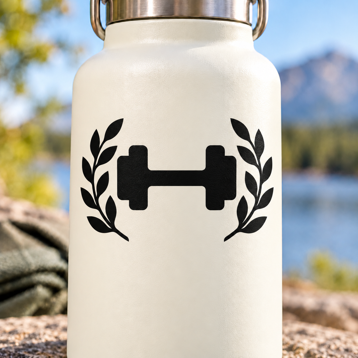 White bottle with black dumbbell and laurel vinyl fitness decal