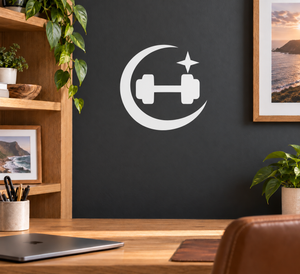 Fitness vinyl decal with crescent moon, dumbbell icon, and star above