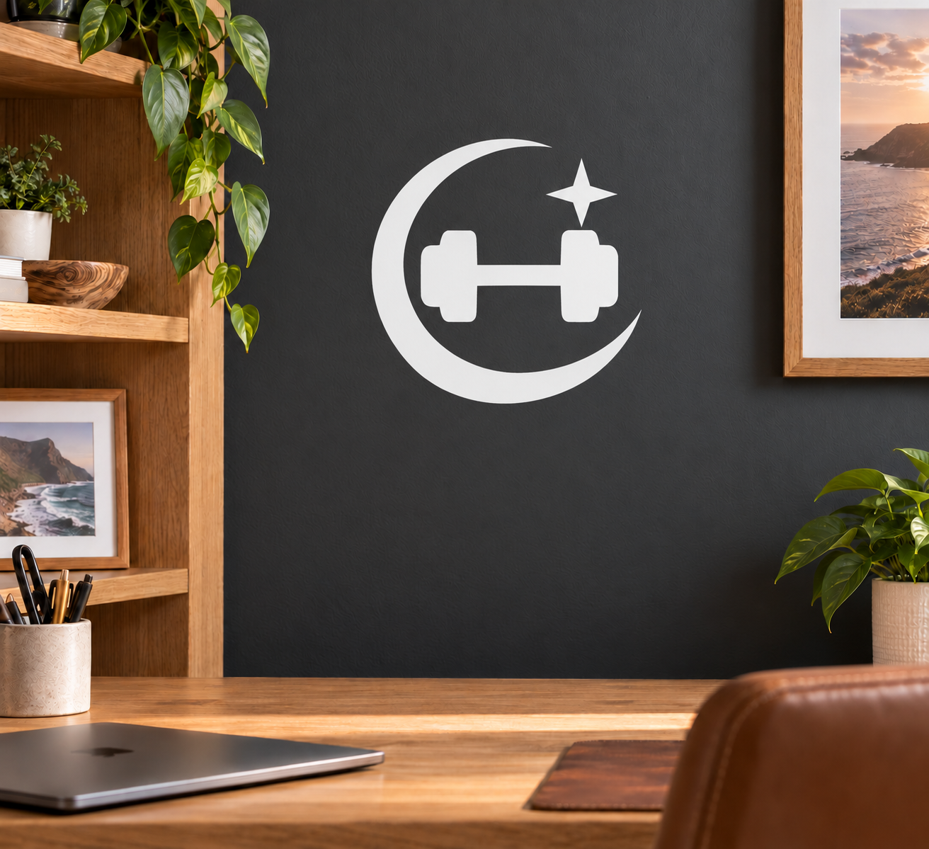 Fitness vinyl decal with crescent moon, dumbbell icon, and star above