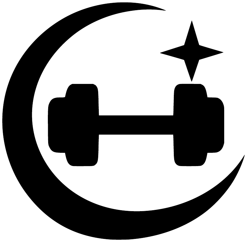 Isolated fitness vinyl decal: crescent moon outline, dumbbell, and star