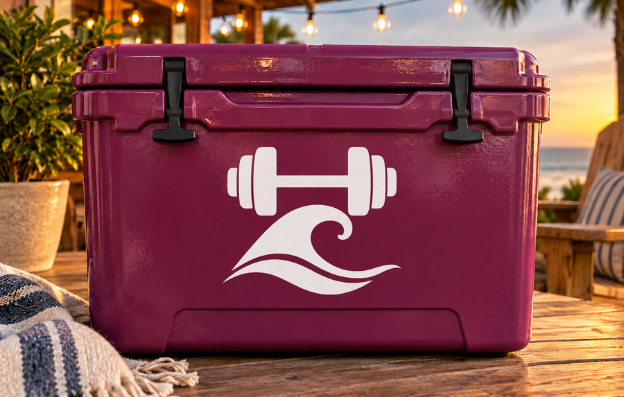 Dumbbell and wave fitness vinyl decal on maroon cooler lid