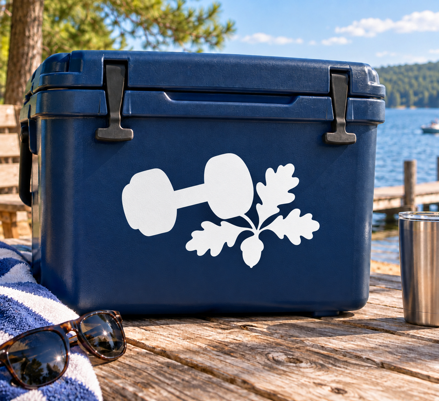Blue vinyl decal with dumbbell and oak leaves, fitness strength graphic