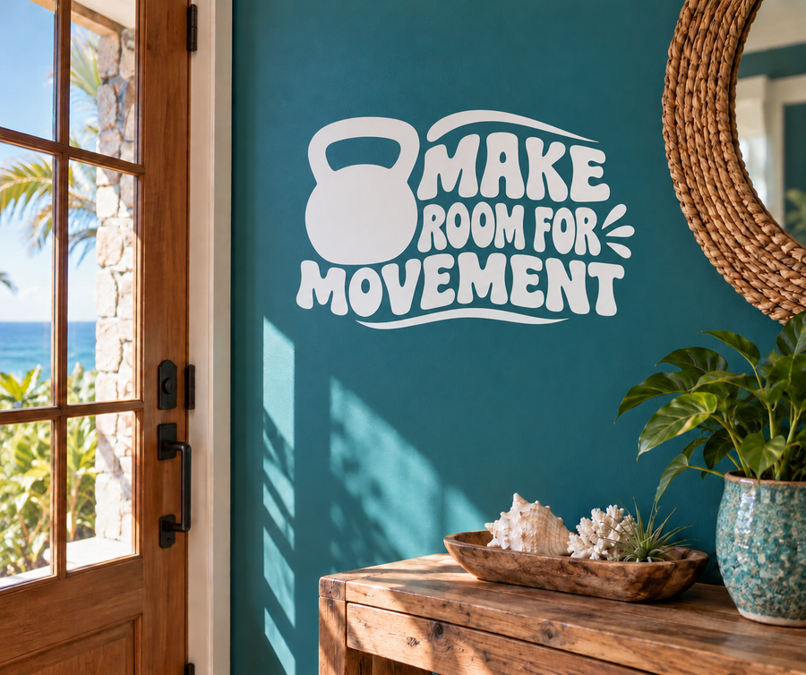 Fitness vinyl decal: kettlebell icon with “Make Room for Movement” lettering