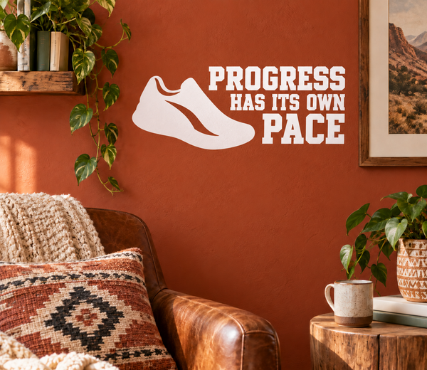 Fitness vinyl wall decal with progress has its own pace text and running shoe