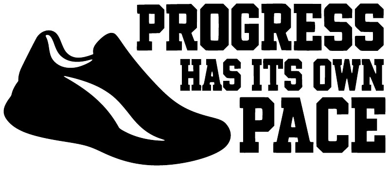 Black-and-white vinyl wall decal with running shoe and PROGRESS HAS ITS OWN PACE