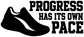 Black-and-white vinyl wall decal with running shoe and PROGRESS HAS ITS OWN PACE