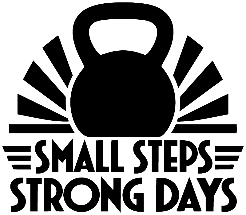 Close-up vinyl decal: black kettlebell icon with “SMALL STEPS STRONG DAYS”