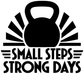 Close-up vinyl decal: black kettlebell icon with “SMALL STEPS STRONG DAYS”