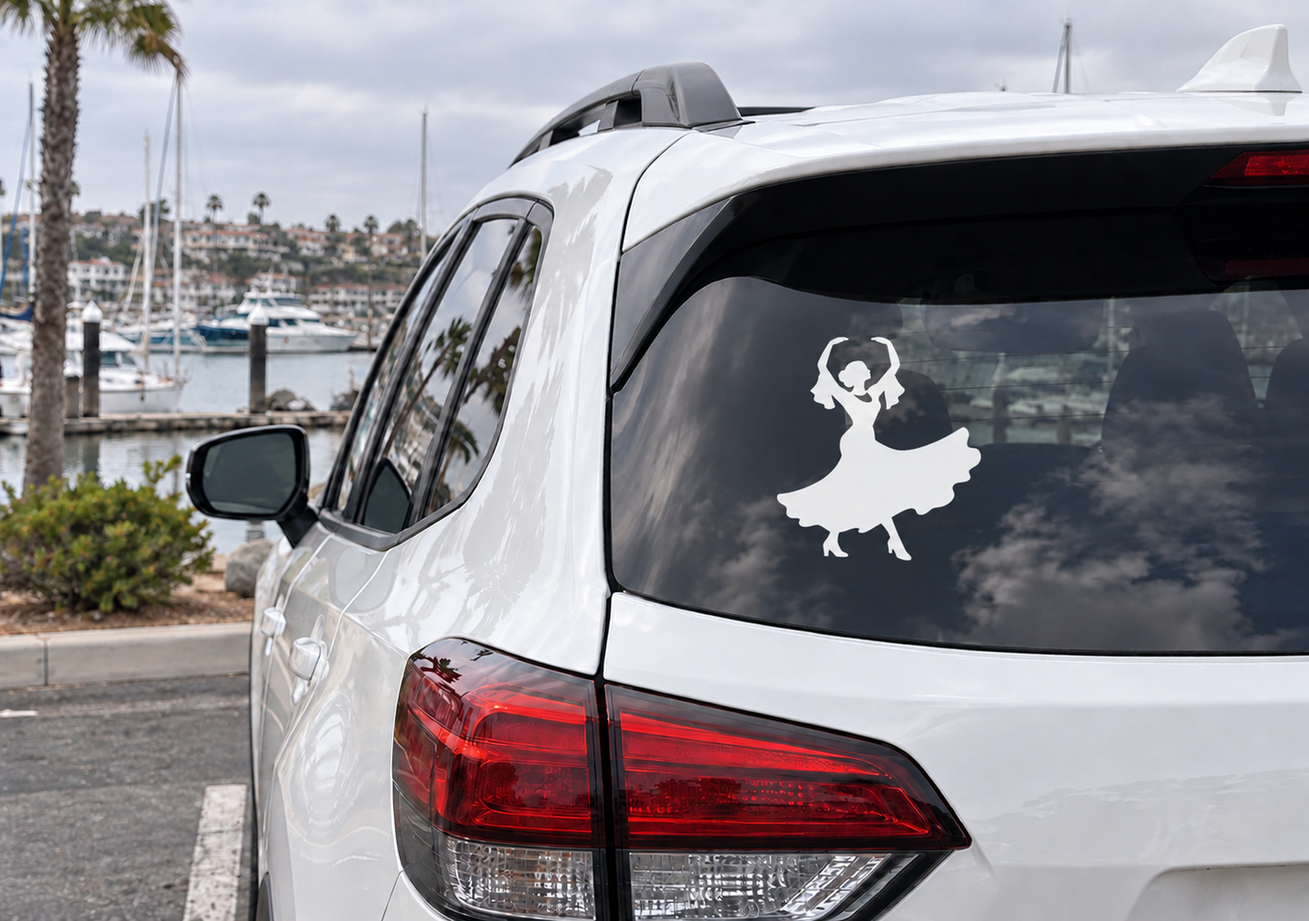 Car rear window vinyl silhouette dance decal, white figure on dark glass