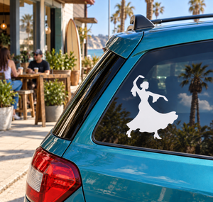 White flamenco dancer vinyl decal for car window, applied on blue vehicle glass