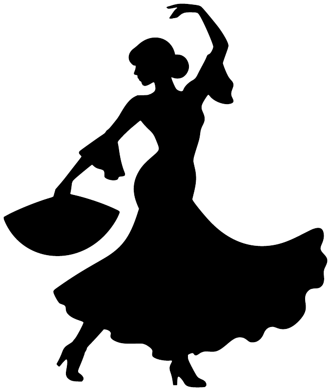 Flamenco dancer vinyl decal silhouette with low fan pose, black figure on white