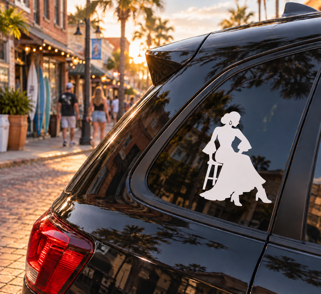 Flamenco dancer vinyl decal sticker on car window, white silhouette with tambourine
