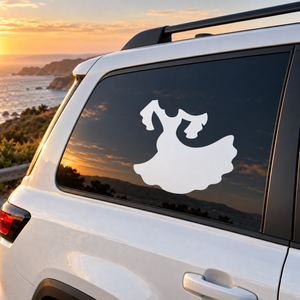 Flamenco dancer silhouette vinyl decal on car window, white design