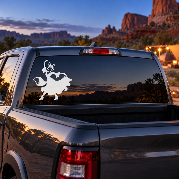 Flamenco fox vinyl decal on car rear window, black-and-white dancing fox silhouette.
