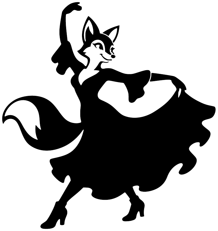 Black-and-white dancing fox vinyl decal with flamenco hat, isolated on white background.