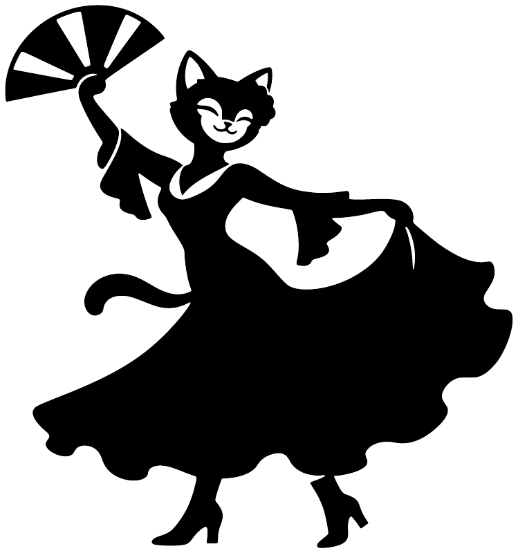 Black-and-white flamenco cat vinyl decal with wide skirt and raised fan