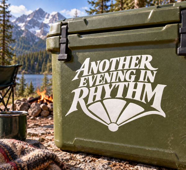 Vinyl decal with bold "Another Evening In Rhythm" text on a green surface