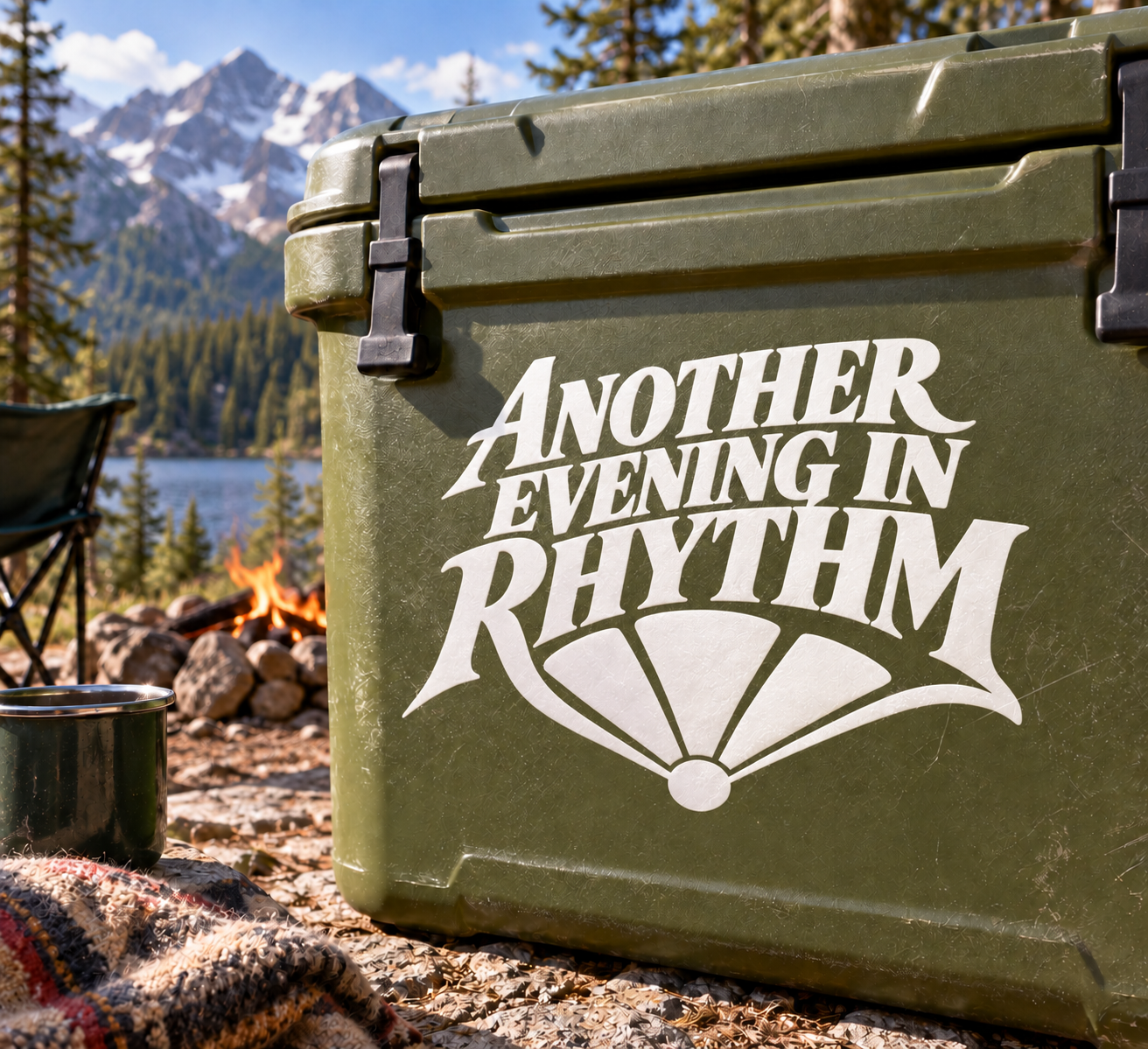 Vinyl decal with bold "Another Evening In Rhythm" text on a green surface