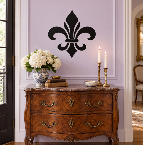 Black fleur-de-lis vinyl decal for wall, centered on a panel door.