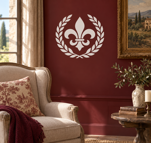 Fleur-de-lis and laurel arch vinyl decal, white