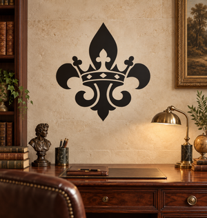 Black and white fleur-de-lis crown vinyl wall decal with central fleur and scrolls