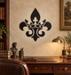 Black and white fleur-de-lis crown vinyl wall decal with central fleur and scrolls