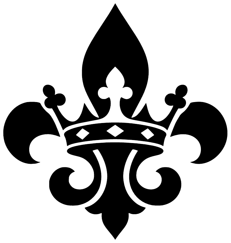 Fleur-de-lis crown vinyl decal in black with white inner details and curled ornaments