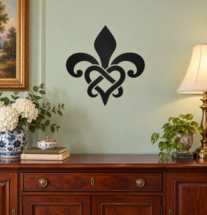Black fleur-de-lis heart knot vinyl decal with interlaced knot design