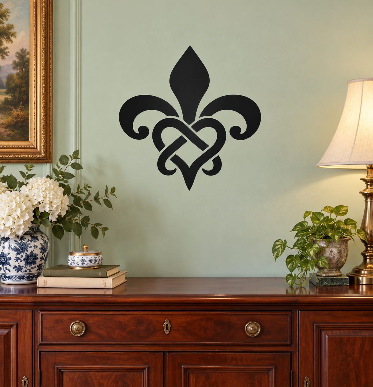 Black fleur-de-lis heart knot vinyl decal with interlaced knot design