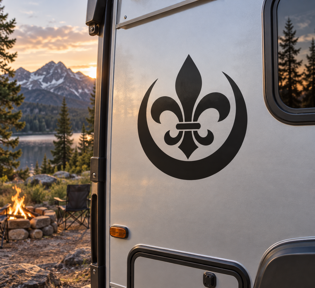 Black fleur-de-lis and crescent vinyl decal on a light camper surface