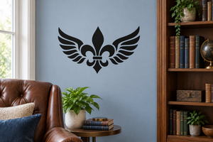 Black fleur-de-lis vinyl decal with symmetrical wing design