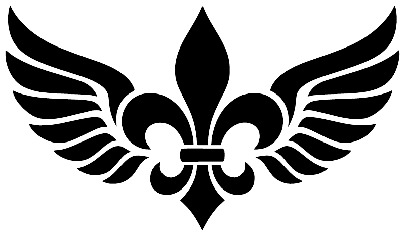 Close-up black fleur-de-lis vinyl decal with detailed wings and scroll accents