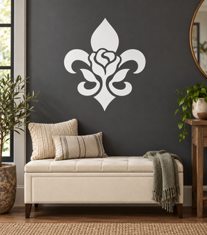 Fleur-de-lis and rose vinyl decal, white design on dark wall