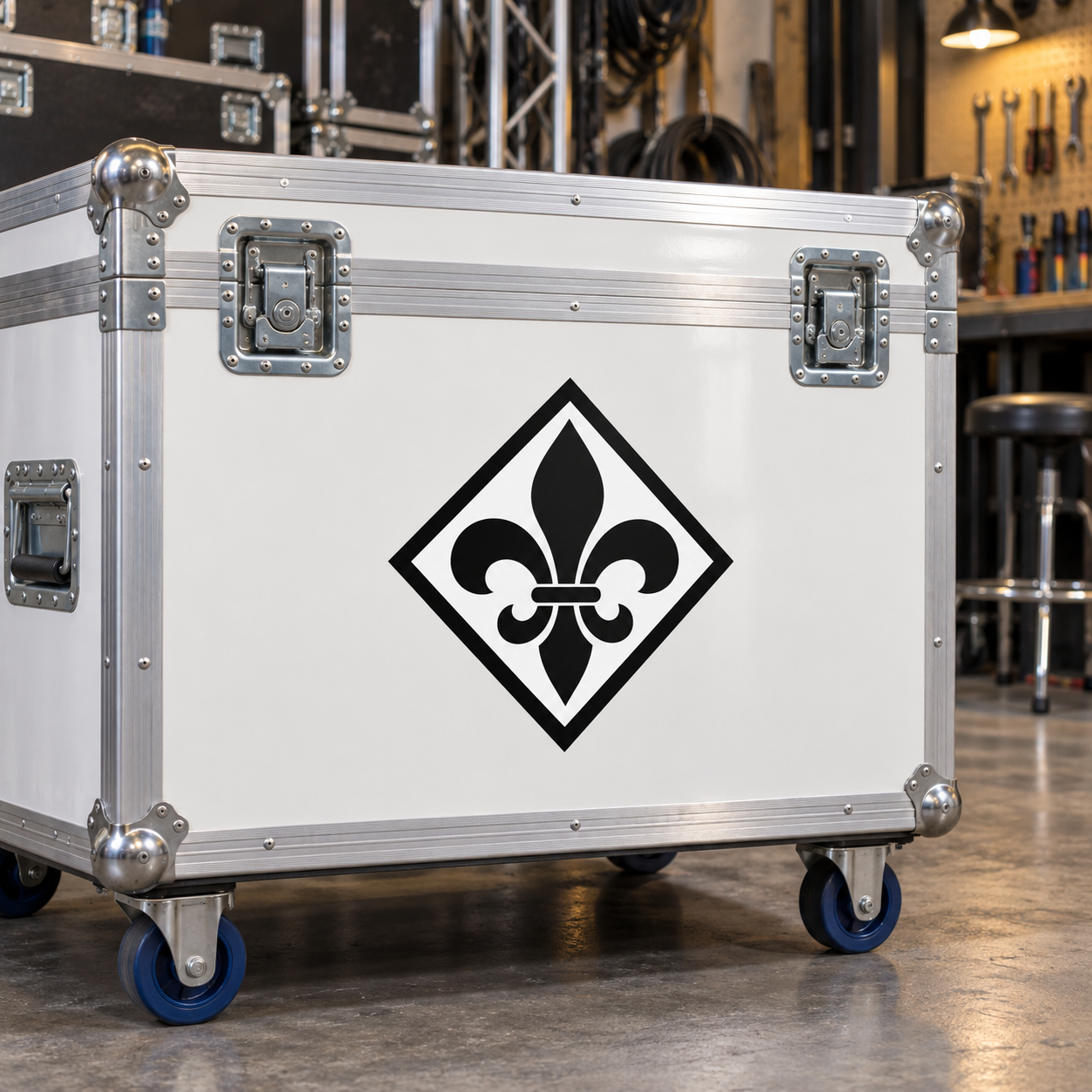 Diamond-shaped vinyl decal with black fleur-de-lis icon