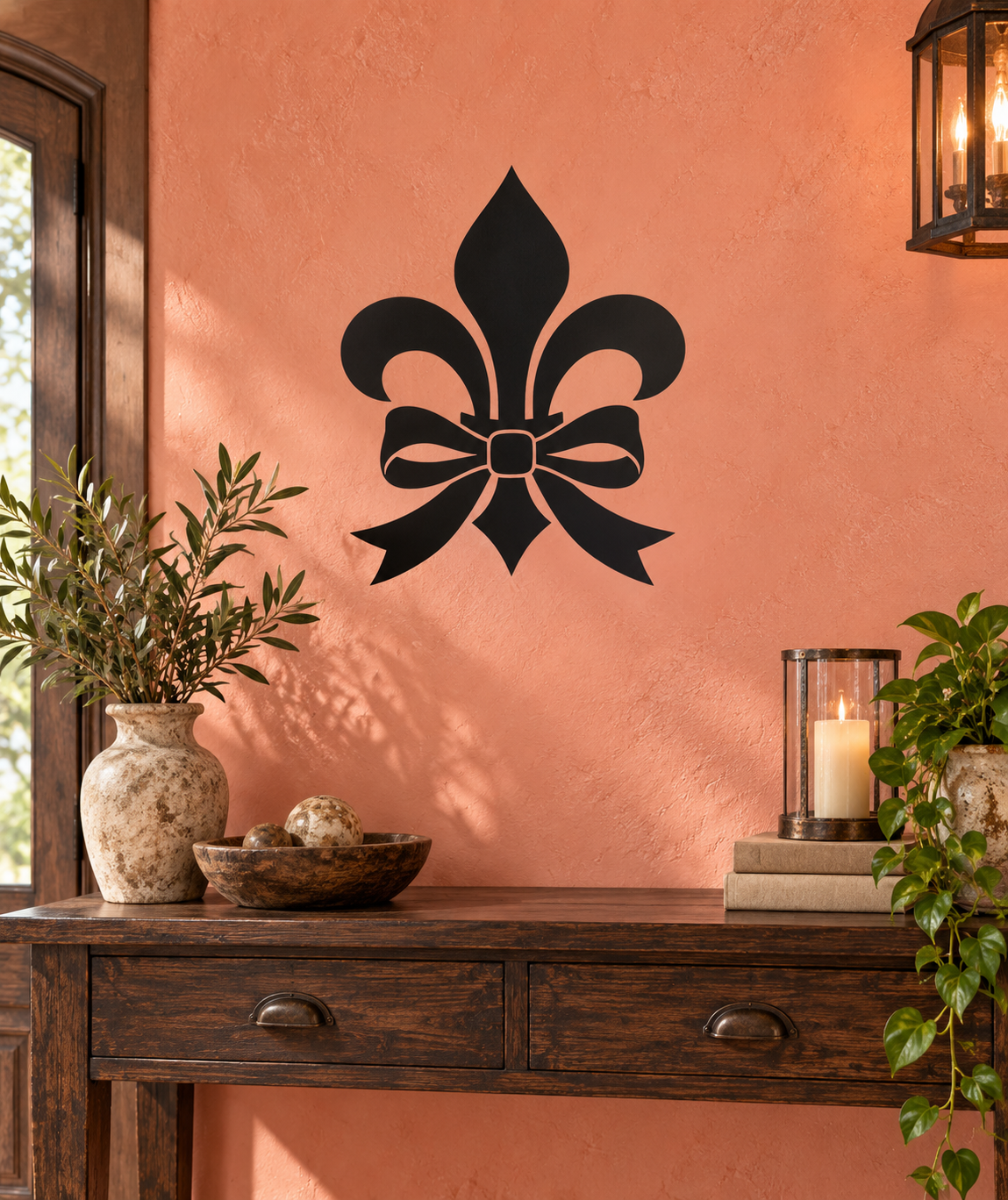 Black fleur-de-lis and bow vinyl decal for wall, centered motif