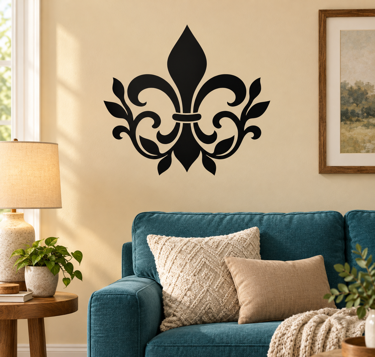 Black fleur-de-lis botanical scroll wall vinyl decal