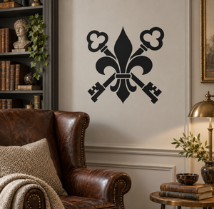 Fleur-de-lis and crossed keys vinyl decal, black graphic wall sticker