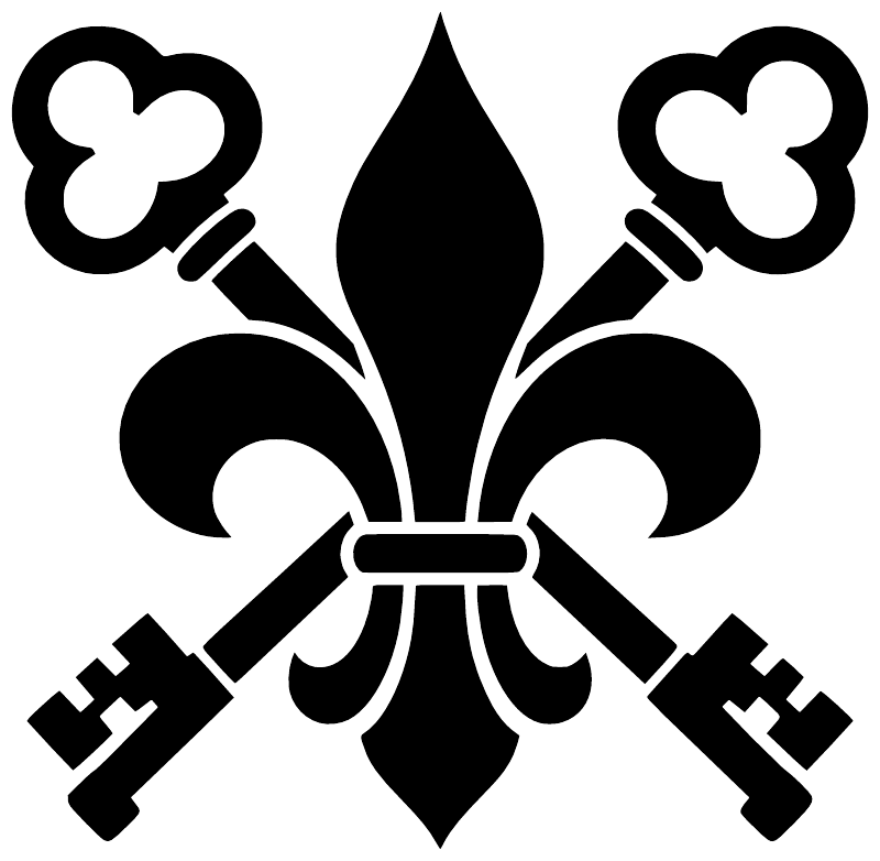 Black fleur-de-lis vinyl decal with crossed keys and flame centerpiece