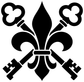 Black fleur-de-lis vinyl decal with crossed keys and flame centerpiece