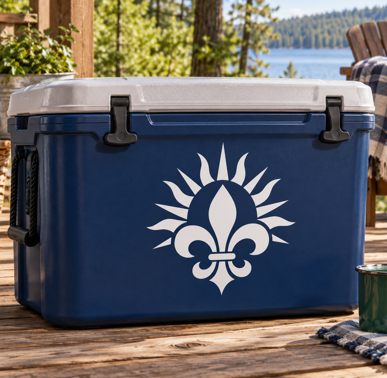 Fleur-de-lis and sunburst vinyl decal on blue cooler