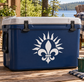 Fleur-de-lis and sunburst vinyl decal on blue cooler