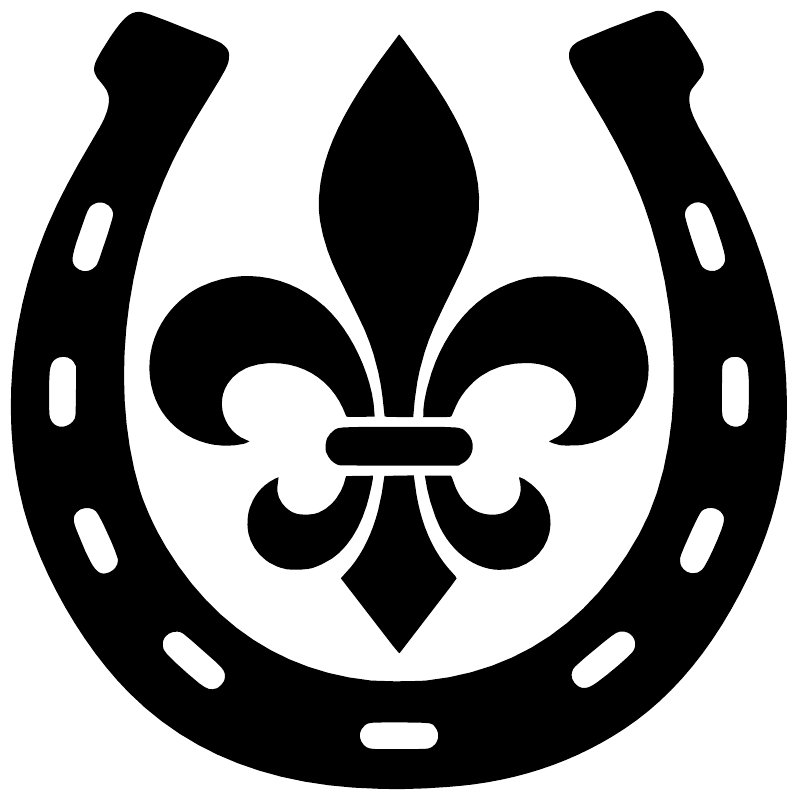 Close-up black horseshoe vinyl decal with centered fleur-de-lis symbol